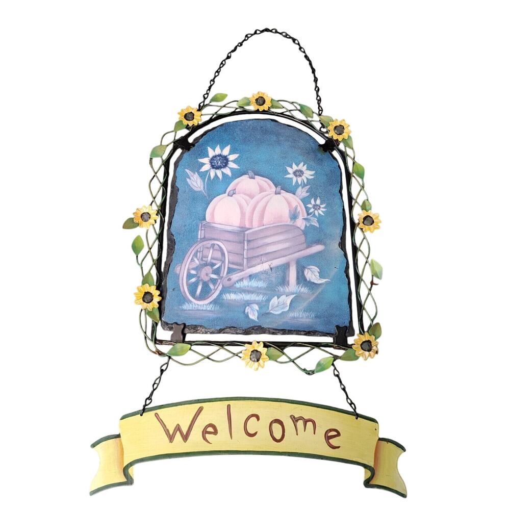 Vtg Autumn Hanging Welcome Wall Decor 20" SUNFLOWER PUMPKIN Cottagecore Boho